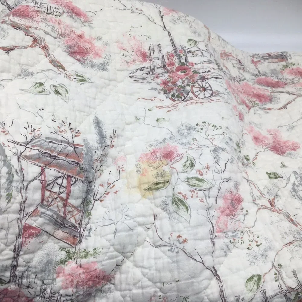 Vtg Pink White Floral Quilted Bedspread Coverlet Cottagecore 75x77” READ Distres